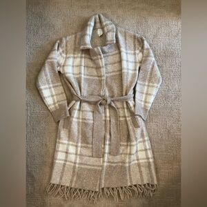 🔸🌼 Joie Plaid Belted Long Cardigan Sweater Cream/Tan w Fringe S Cabincore